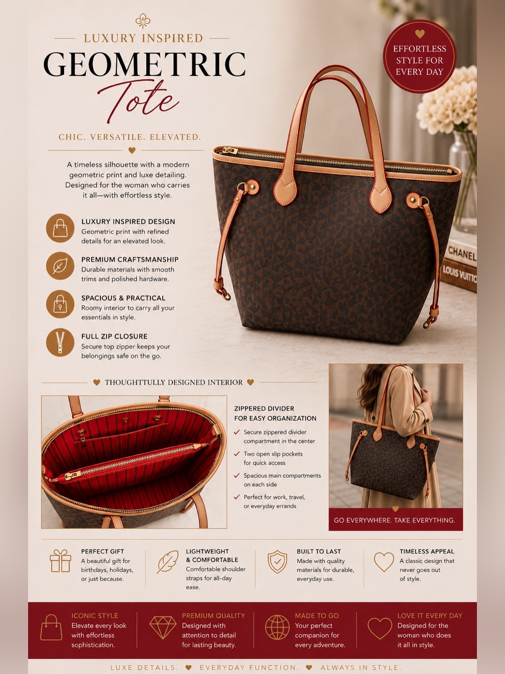 Geometric Print Tote Bag in Brown and Beige